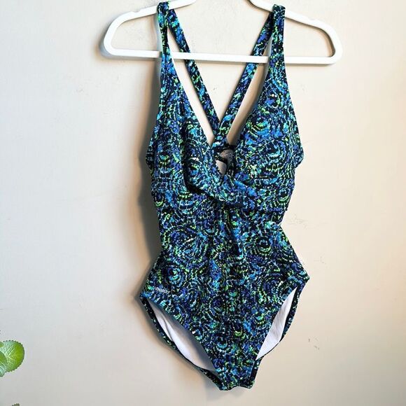 Speedo Women's Blue Multicolor Front Deep V Neck Open Back Swimsuit 18 - Picture 1 of 9